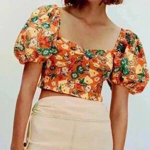 Zara Multicolored Orange Floral Print Puff Sleeves Flounce Top Size  S